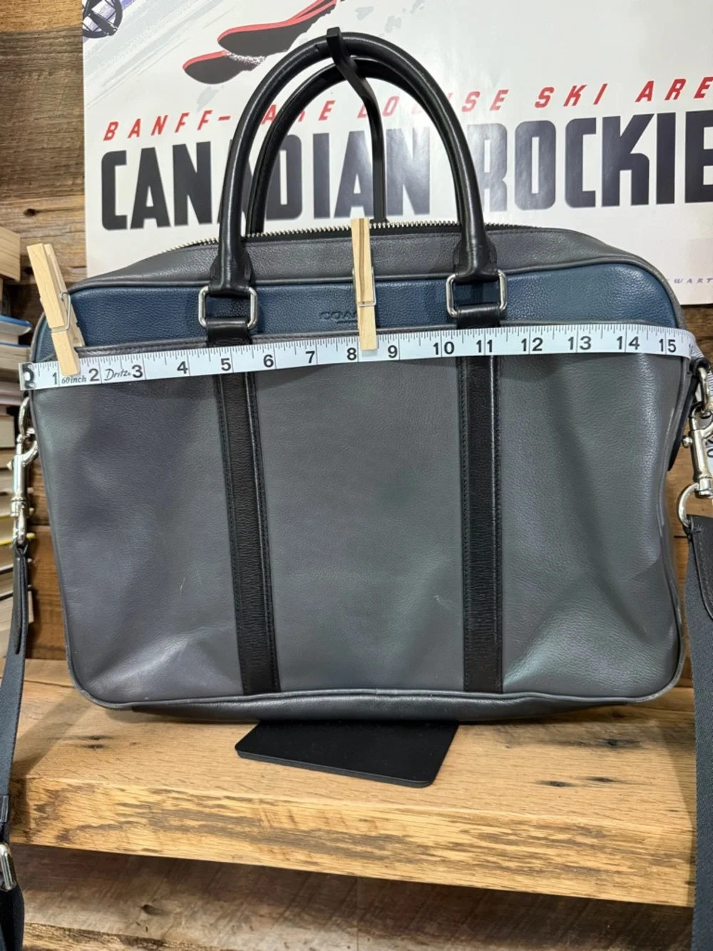 Coach Gray Leather Brief Bag with Blue Trim